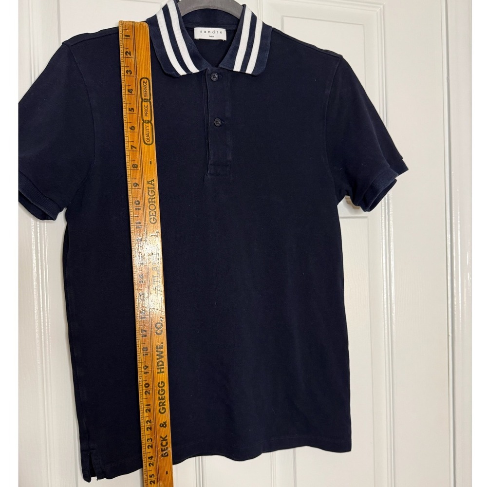 Sandro Paris Navy Blue White Striped Collar Short Sleeve Slim Polo Shirt Mens S - Picture 6 of 9